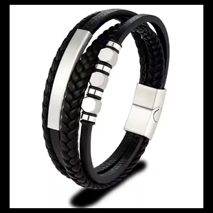 Miesten rannekoru mustasta keinonahasta ruostumattomalla teräksellä ja magneettilukolla