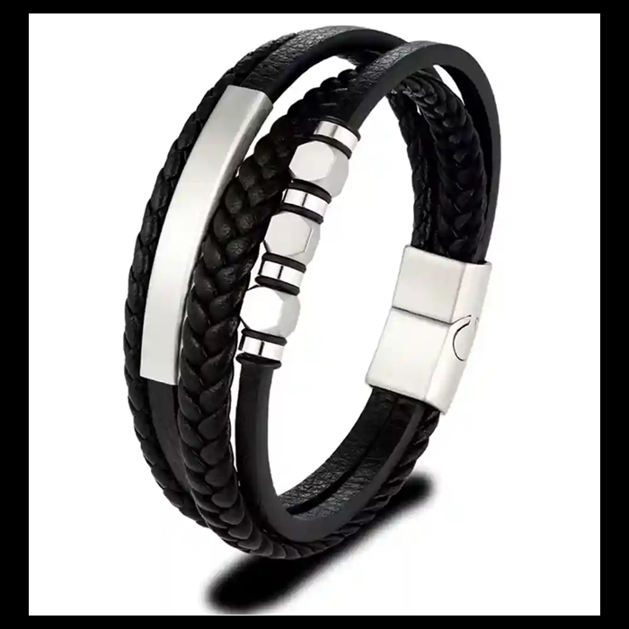 Miesten rannekoru mustasta keinonahasta ruostumattomalla teräksellä ja magneettilukolla