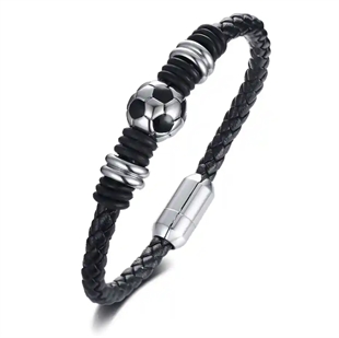 Jalkapallorannekoru mustaa nahkaa ja ruostumaton teräspallo – miesten koru jalkapallofaneille