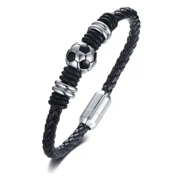 Jalkapallorannekoru mustaa nahkaa ja ruostumaton teräspallo – miesten koru jalkapallofaneille