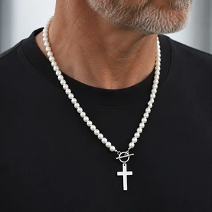 Pearl Cross Necklace – Helmiketju Miehille Ruostumattomasta Teräksestä