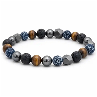Blue Lapis Tiger Eye Miesten rannekoru – 8 mm Luonnonkivet & Lava
