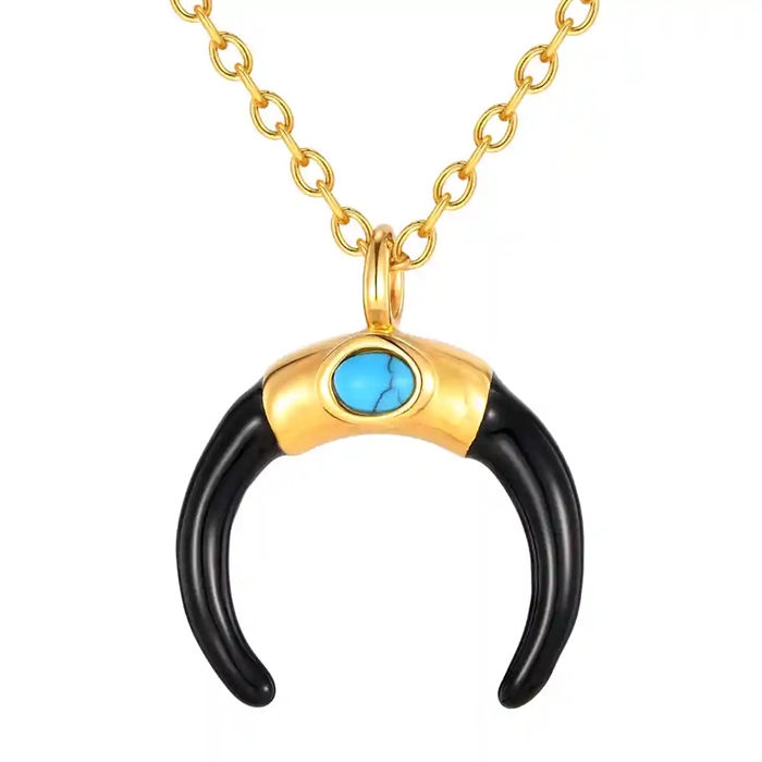 Golden Horn miesten kaulakoru kullatusta teräksestä turkoosilla kivellä ja mustalla sarvella – marjoe.fi